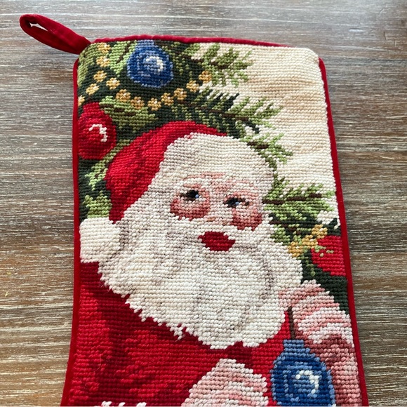 WOOL NEEDLEPOINT CHRISTMAS SANTA STOCKING WITH RED VELVET BACKING - Picture 2 of 5
